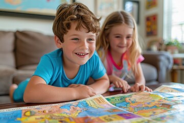 Fototapeta premium Young Student Engaging in Homeschool Social Studies with Timeline for Learning History