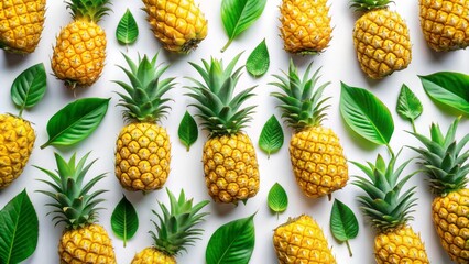 Fototapeta premium Freshly cut vibrant yellow pineapples with green crowns and leaves arranged artfully on a clean pure white isolated background.