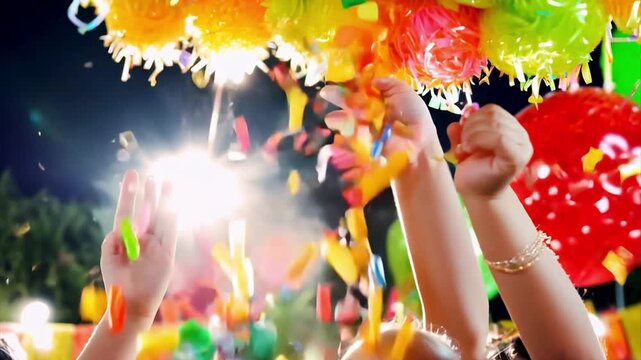 Children open a pinata with treats and confetti at a birthday party at a holiday carnival.