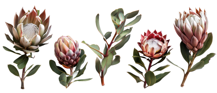 Set of isolated Ulproteas, leucadendrons, and king proteas. cut elements, themed designs. Top view high quality PNG." design elements, top view / flat lay.	
