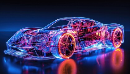 Naklejka premium Transparent Wireframe of a Sports Car with Neon Lights