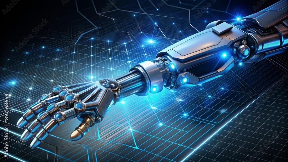 Poster futuristic metallic robot arm with glowing blue circuits and wires isolated on a dark gradient backg
