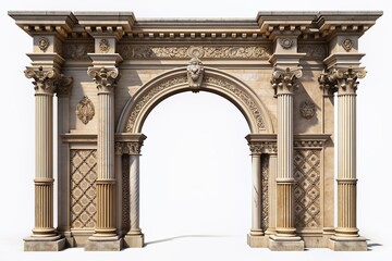 Obraz premium Elegant ancient Roman-inspired entrance arch with ornate pillars and intricate carvings set against a transparent background, perfect for architectural and design compositions.