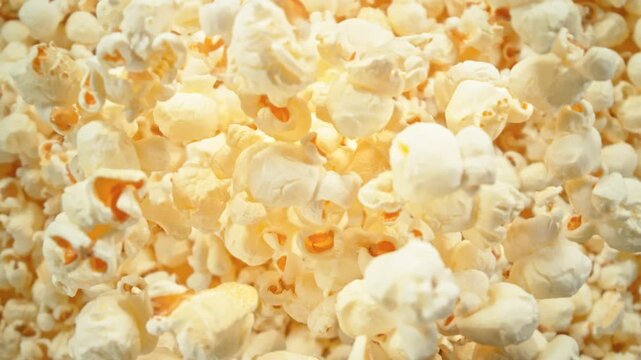 Super Slow Motion Shot of Falling Fluffy Popcorn Followed by Camera at 1000 fps.