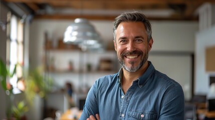 Fototapeta premium Confident and Successful: A portrait of a mature businessman smiling confidently, radiating success and leadership in a modern office setting. 
