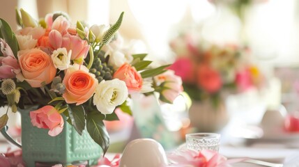 A table with a green tea pot and a vase of flowers