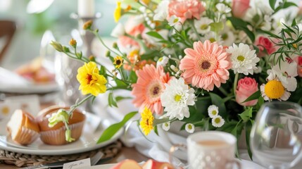 A table with a vase of flowers and a plate of muffins