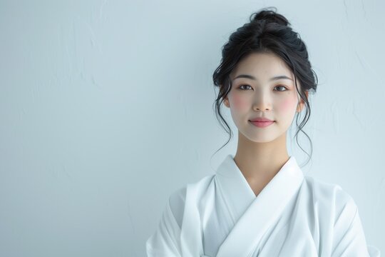 Japanese woman in white kimono posing against a light background