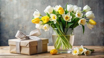 Elegant vase filled with fresh white tulips and daffodils on a tablecloth with wrapped gift box and ribbon in background.