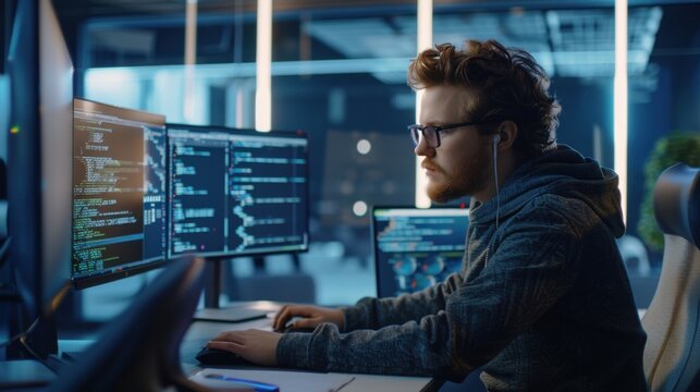 A man in a grey hoodie is sitting in front of two computer monitors