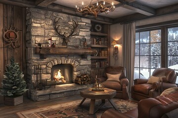 Obraz premium Rustic Living Room with a stone fireplace, leather armchair, antler chandelier, and cozy cabin-inspired decor. Rustic home decor