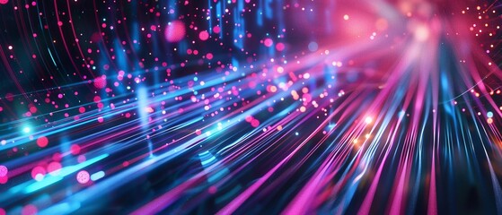 Obraz premium Dark background with light streaks and particles creating an abstract flow of data