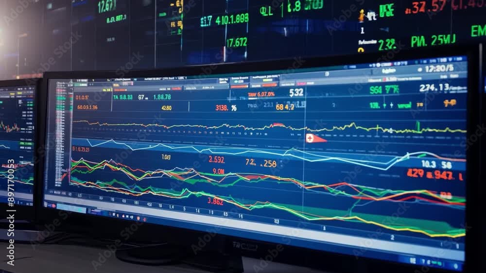 Poster a person sits at a desk, working with financial data displayed on multiple monitors.