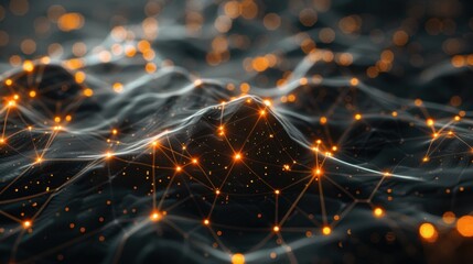 Digital network concept, graphite grey environment, bioluminescent yellow threads, sparkling nodes, ultra-modern and intricate.