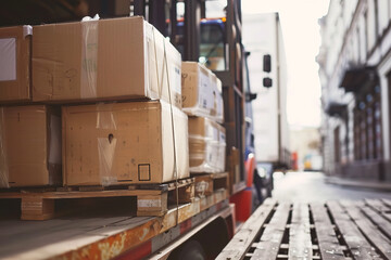 Forklift Loading Heavy Boxes into Truck at Industrial Site  