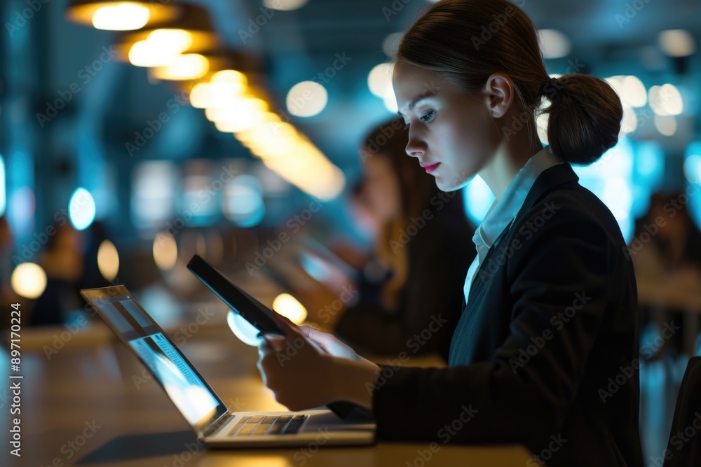 Poster a woman dressed in business attire working diligently on a laptop computer in an office setting with