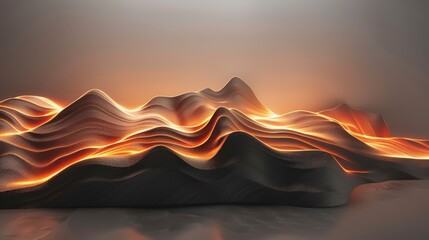 Orange light trails abstractly flow over a wavy black landscape background