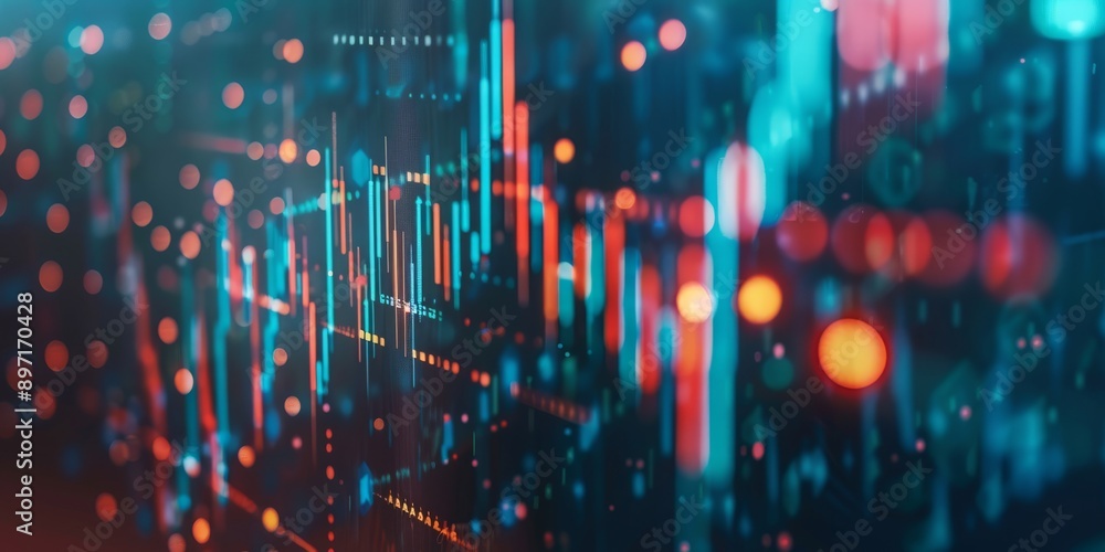 Poster a visually engaging representation of financial data through a luminous stock market chart and digit