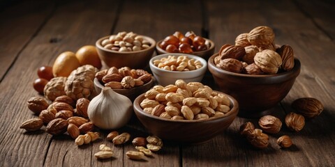 Food allergy Allergic food on wooden background.