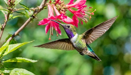 Fototapeta premium hummingbird bird with pink flower. hummingbirds Fiery-throated Hummingbird, flying next to beautiful bloom flower