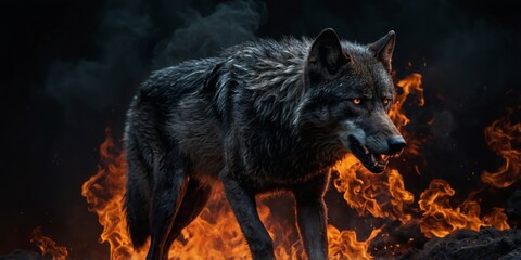 Flaming black wolf fantasy horizontal poster Ashes, embers and flames Black background Fiery fantasy wild animal collection Climate change and global warming concept Extinction concept.
