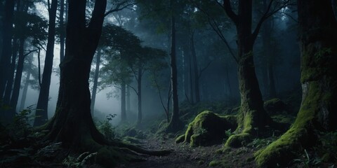 Obraz premium Dark night ancient woods Misty and foggy forest Fantasy forest cave.