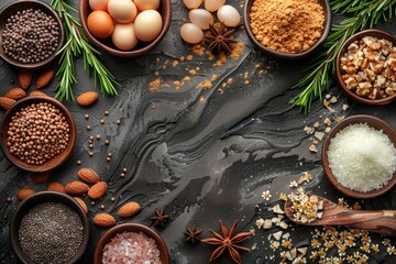 A collection of culinary ingredients arranged in bowls and scattered on a black surface showcasing a variety of flavors and textures