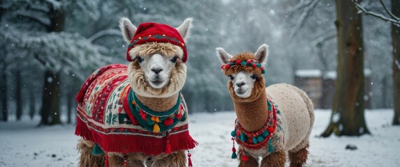 Festively Adorned Alpaca Trio in Winter Wonderland.