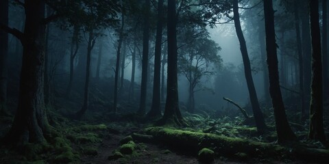 Dark night ancient woods Misty and foggy forest Fantasy forest cave.