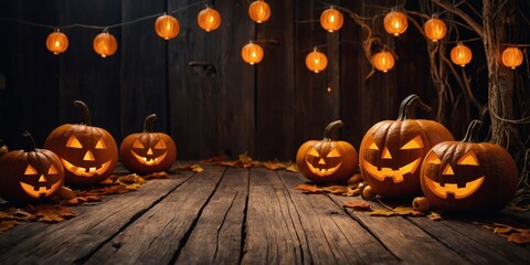 Halloween wooden background with pumpkins and lanterns.