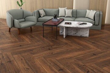 Lavish home living room interior with grey sofa, armchair and white ceramic coffee table with art decoration, side view panoramic window on countryside and mock up canvas poster. 3D Rendering