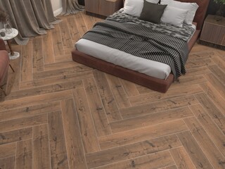 Elegant bedroom with art, golden lamps and stylish wooden bed with velvet, ocher colored headboard, hardwood textured marble flooring, wooden furniture, glass covered closet. 3D Rendering