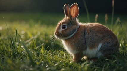 Fototapeta premium Cute little bunny in grass with ears up looking away.
