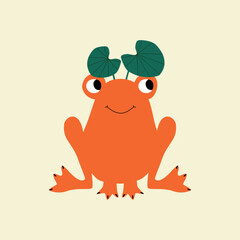 Red frog and water lily hand drawn vector illustration. Isolated anuran character in flat style for kids logo or icon.