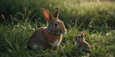 Fototapeta premium Cute mother and baby bunny rabbits in the grass.