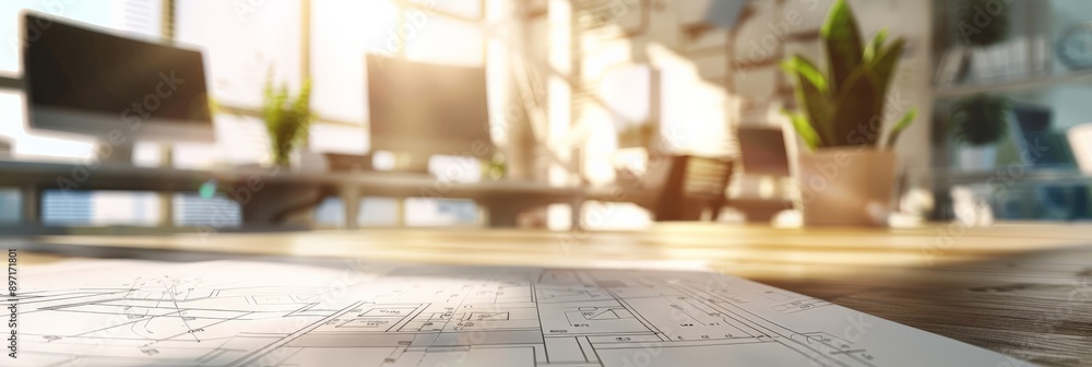 Poster architectural blueprints spread out on a desk in a bright office environment with plants and compute