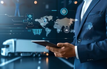 A businessman holds an tablet with a global map and logistics icons floating above