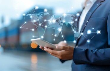 A businessman holds an tablet with a global map and logistics icons floating above