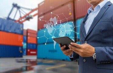 A businessman holds an tablet with a global map and logistics icons floating above