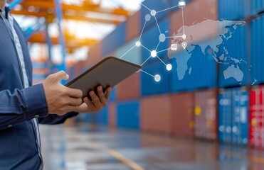 A businessman holds an tablet with a global map and logistics icons floating above