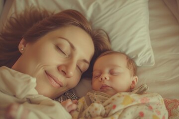 A woman peacefully sleeping beside her baby in a cozy indoor setting.