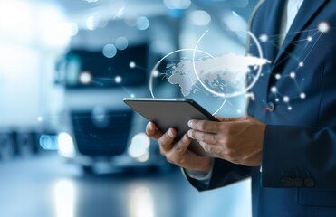 A businessman holds an tablet with a global map and logistics icons floating above