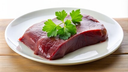 Fototapeta premium Fresh raw liver slice garnished with a delicate green coriander leaf on a simple white ceramic plate background.