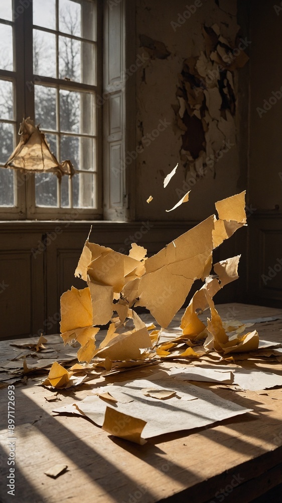 Poster sunlight streams through large window, illuminating floating pieces of peeling paint in abandoned ro