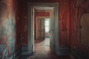 Fototapeta premium A worn-out door is left ajar in a neglected room, suggesting disuse and abandonment