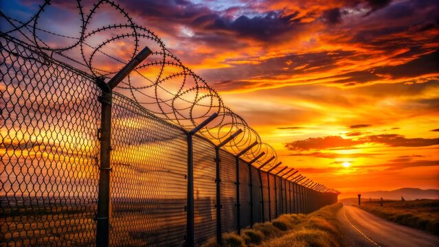 Foreboding state border with high razor-sharp barbed wire fencing stretches across the horizon, set against a vibrant orange and pink sunset backdrop.