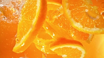 Super Slow Motion Shot of Fresh Orange Slices Followed by Camera Splashing into Water at 1000 fps. - Powered by Adobe