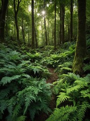 Narrow path meanders through dense fern undergrowth in lush, green forest, with sunlight filtering through canopy above. Verdant ferns dominate forest floor.