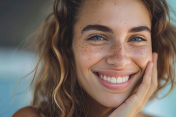 A joyful young woman with freckles smiling at the camera, suggesting a carefree and happy moment.