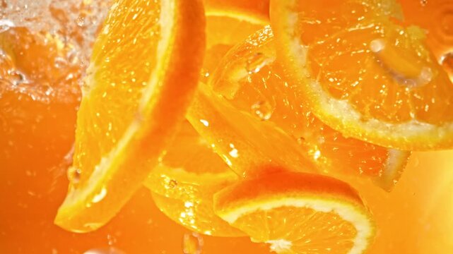 Super Slow Motion Shot of Fresh Orange Slices Followed by Camera Splashing into Water at 1000 fps.
